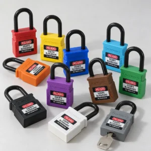 Once candados dieléctricos Alefman de 38 mm en diferentes colores, con arcos negros y etiquetas de bloqueo, distribuidos sobre fondo gris claro; uno incluye una llave.