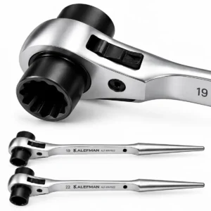 Llave de andamiero Alefman 19/22 mm con carraca, mostrada en detalle y en dos vistas laterales del modelo ALF-RW1922.
