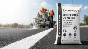Saco Alefman de microesfera de vidrio base agua junto a línea vial aplicada por cuadrilla