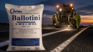 Saco Ballotini de microesferas de vidrio junto a cuadrilla aplicando demarcación vial nocturna