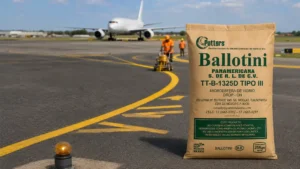 Saco de microesfera de vidrio TT-B-1325D Tipo III en calle de rodaje con línea amarilla y avión al fondo