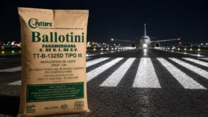 Saco de microesfera TT-B-1325D Tipo III junto a pista de aeropuerto nocturna con señalización reflectiva