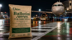 Saco de microesfera TT-B-1325D Tipo III en plataforma aeroportuaria nocturna con señalización reflectiva