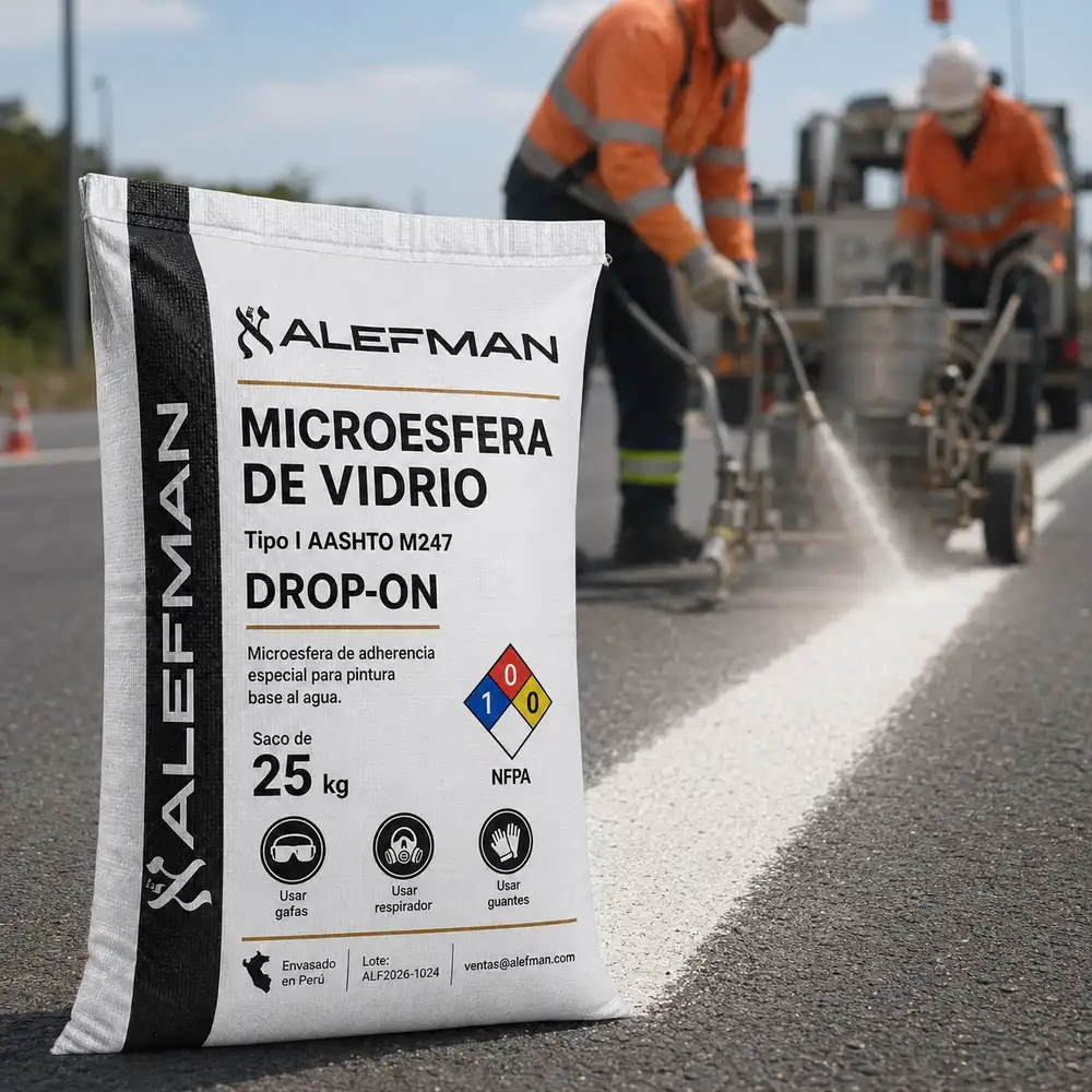 Saco Alefman de microesfera de vidrio base agua junto a cuadrilla aplicando línea vial