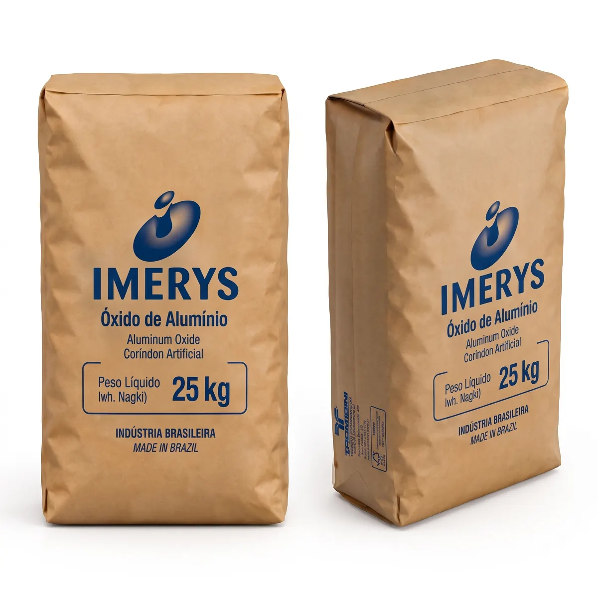 Dos sacos de papel kraft de 25 kg de óxido de aluminio Imerys, uno en vista frontal y otro en perspectiva de tres cuartos, con logotipo azul y denominaciones del abrasivo sobre fondo blanco.