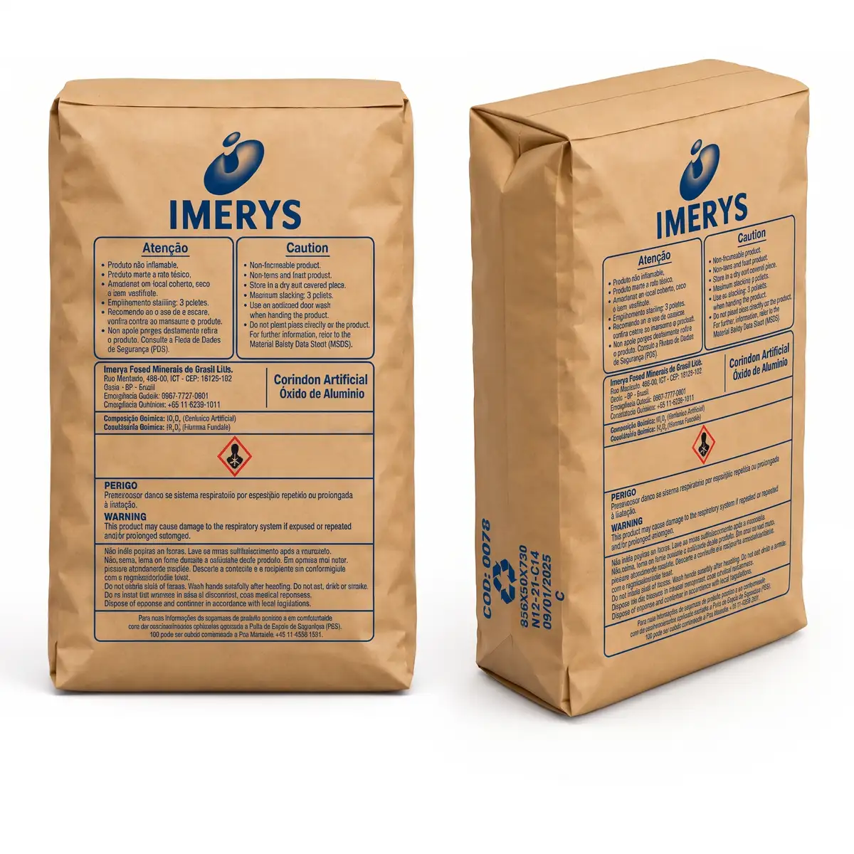 Dos sacos de papel kraft de óxido de aluminio Imerys, mostrados en vista posterior y tres cuartos, con instrucciones de seguridad, advertencias en portugués e inglés y pictograma de peligro.