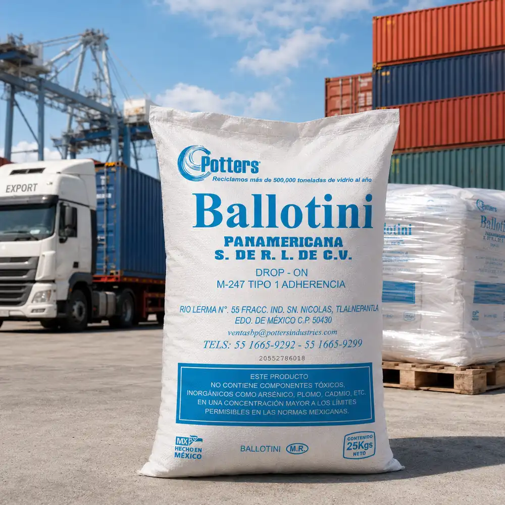 Saco Ballotini Tipo 1 Adherencia en zona portuaria con pallets para microesferas de vidrio vial