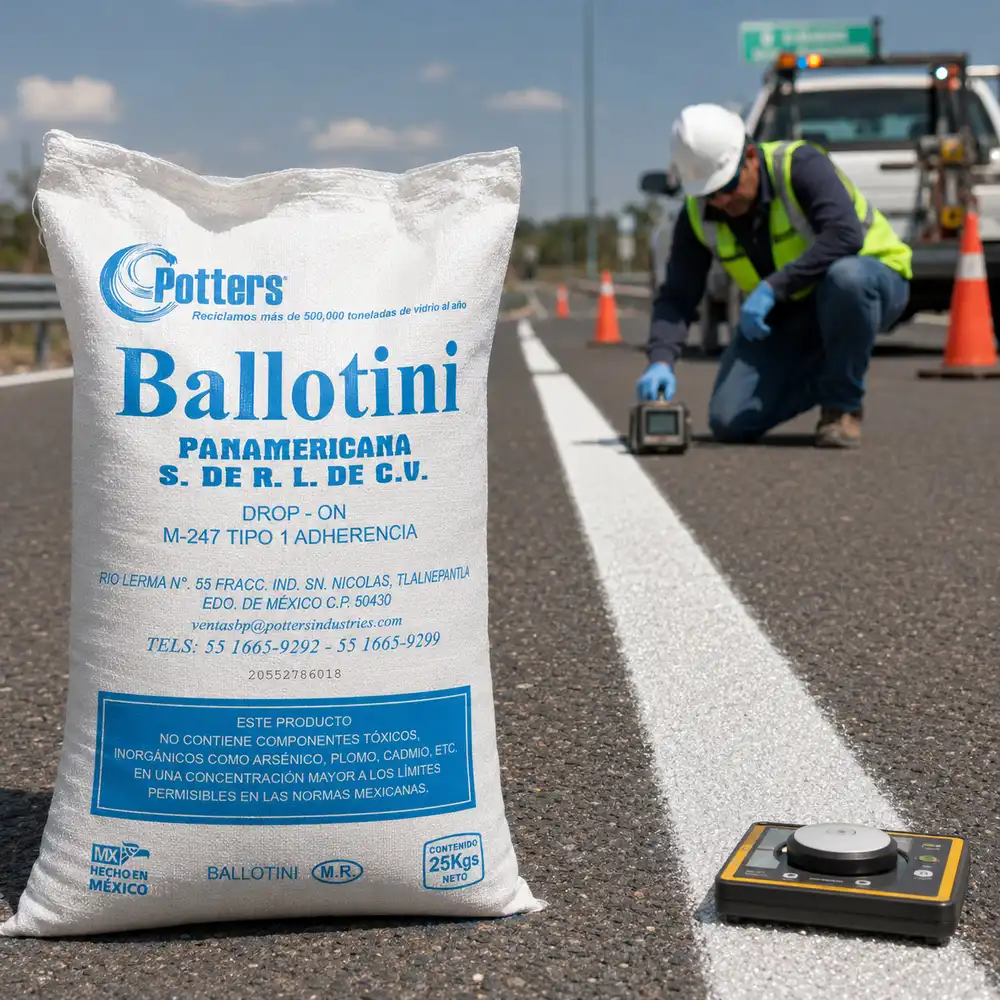 Saco Ballotini de microesferas de vidrio junto a inspección de línea vial con retroreflectómetro