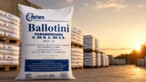 Saco Ballotini de microesferas de vidrio en patio logístico con pallets para señalización vial