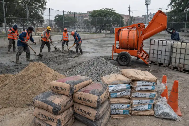 Vaciado de loza deportiva con fibra dramix con cemento andino mezclado con trompo de 1m3