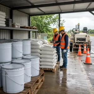 Pintura vial y microesferas de vidrio almacenadas bajo techo con inspección técnica en obra