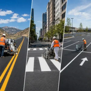 Pintura de tráfico aplicada en carretera, calle urbana y estacionamiento con equipos de demarcación