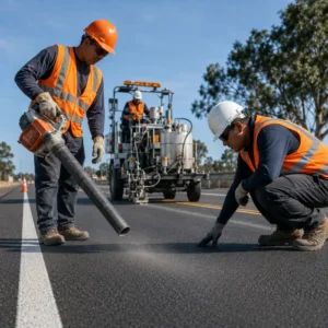 Preparación de superficie antes de aplicar pintura vial con soplador e inspección del asfalto