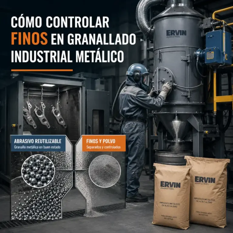 Operario revisa separador de granallado con abrasivo reutilizable, finos y polvo controlados.