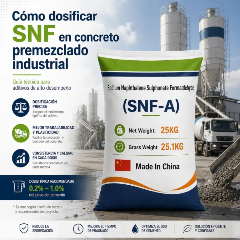 Saco SNF-A para dosificar SNF en concreto premezclado industrial con planta y camión mixer