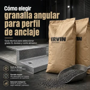 Bolsas de granalla angular, perfil metálico granallado y abrasivo en pala dentro de taller industrial.