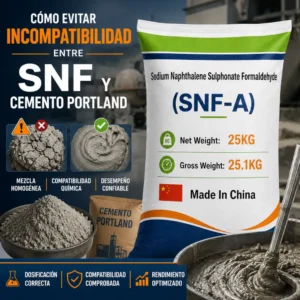 Saco SNF-A junto a cemento Portland y pruebas de mezcla para evitar incompatibilidad química en concreto