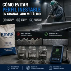 Operario granalla perfil metálico con comparación de perfil estable e inestable y muestras de abrasivo.