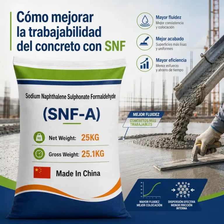 Saco SNF-A junto a vaciado y nivelado de concreto para mejorar la trabajabilidad con SNF