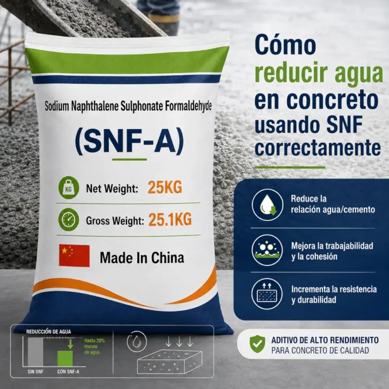 Saco SNF-A para reducir agua en concreto con mezcla fresca y beneficios técnicos del aditivo