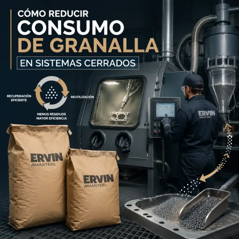 Operador revisa sistema cerrado de granallado con sacos ERVIN AMASTEEL y abrasivo metálico recuperado.