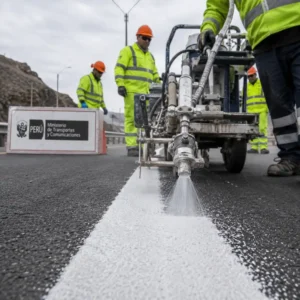 Aplicación de pintura vial según MTC en Perú con máquina delineadora y operarios sobre carretera