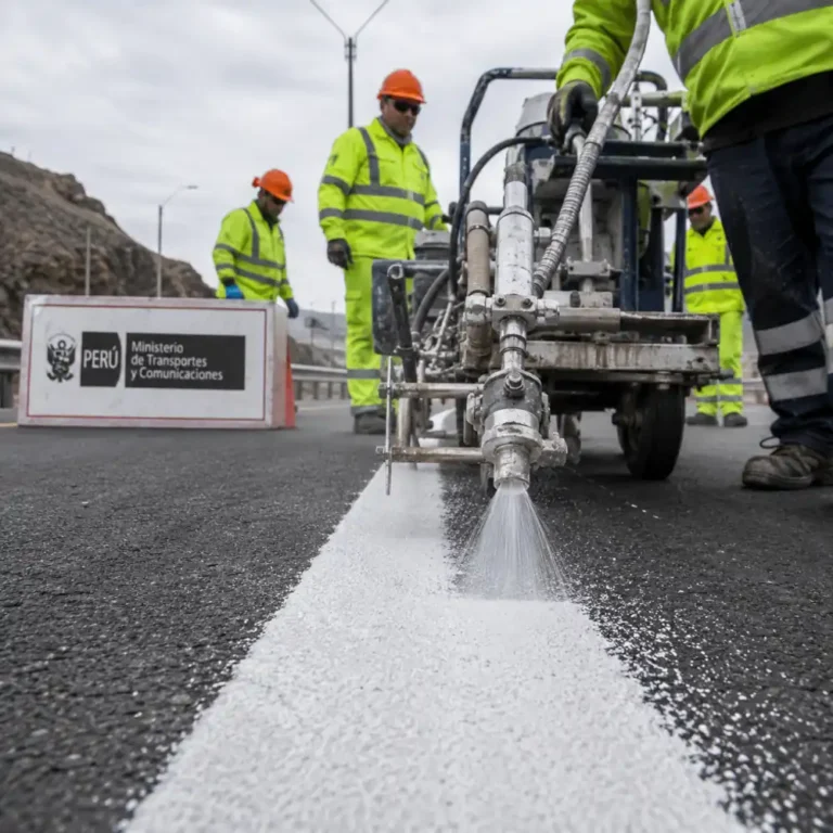 Aplicación de pintura vial según MTC en Perú con máquina delineadora y operarios sobre carretera