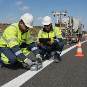 Control de calidad en demarcación vial con técnicos midiendo línea vial y registrando datos en carretera
