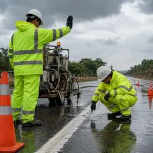 Demarcación vial en climas húmedos con equipo detenido e inspección de pavimento mojado