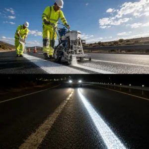 Errores al aplicar pintura vial: aplicación con microesferas y línea reflectiva vista de noche