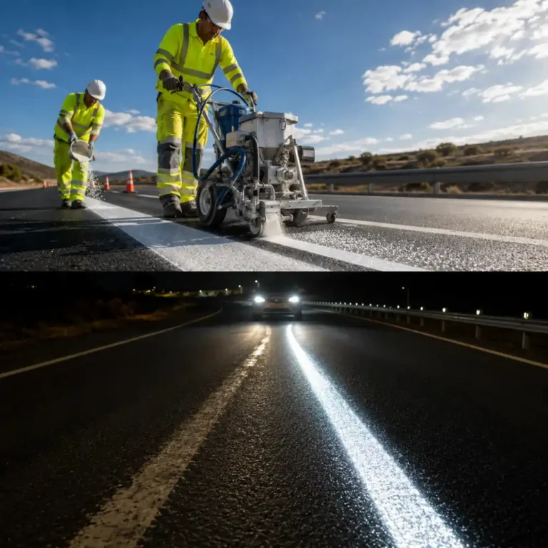 Errores al aplicar pintura vial: aplicación con microesferas y línea reflectiva vista de noche