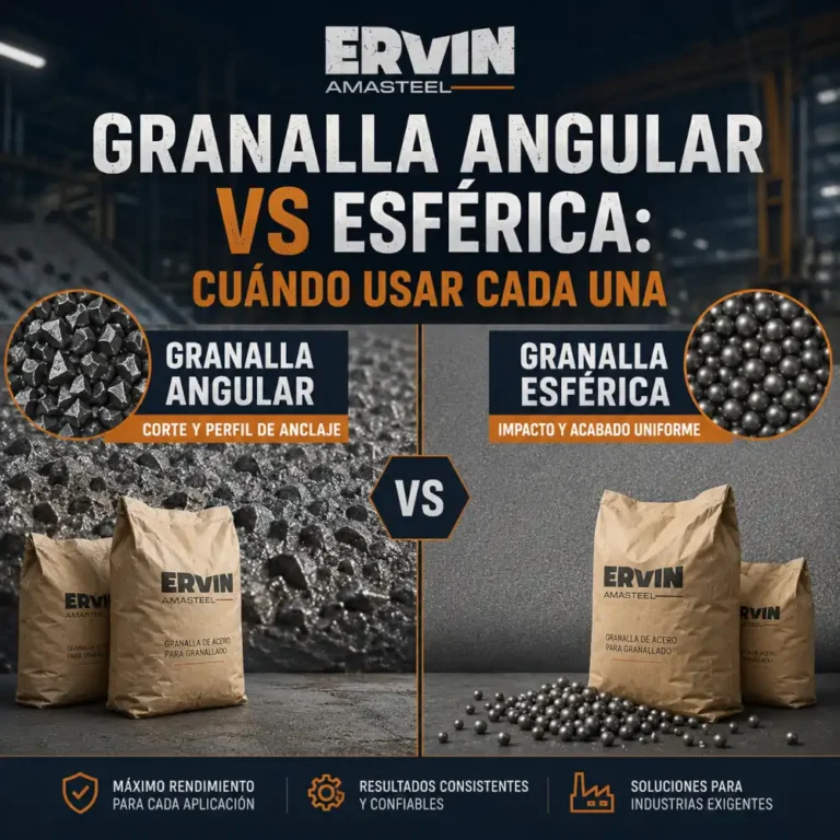 Comparativa de granalla angular y esférica con abrasivos, sacos kraft y acabados metálicos.