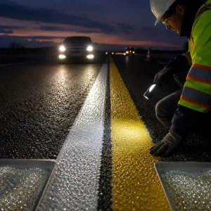 Pintura vial base agua vs base solvente con inspección nocturna de líneas reflectivas y microesferas