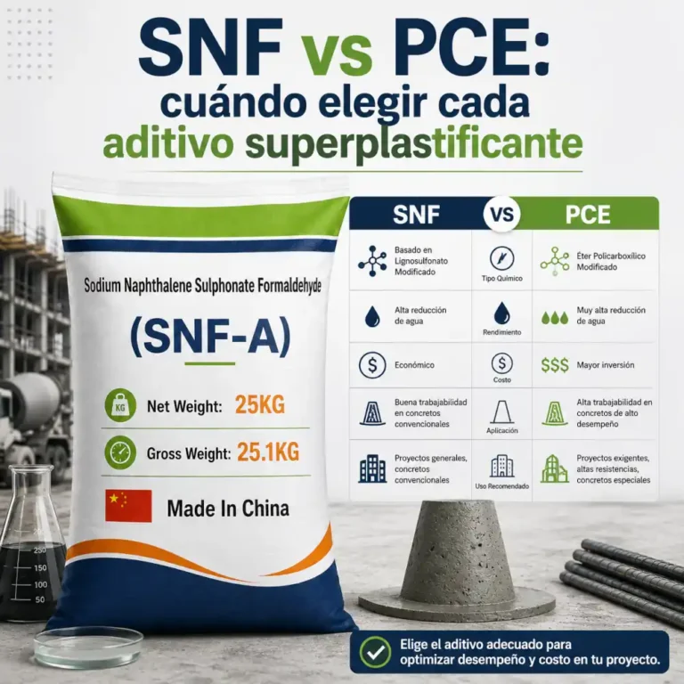 Saco SNF-A con tabla SNF vs PCE de aditivo superplastificante, cono de slump y laboratorio en obra