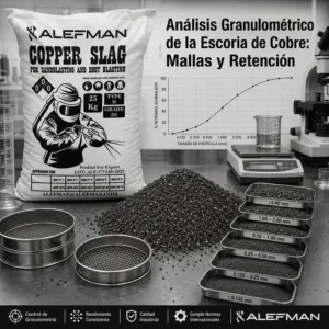 Análisis granulométrico de escoria de cobre Alefman con saco, mallas, retención y muestras de partículas