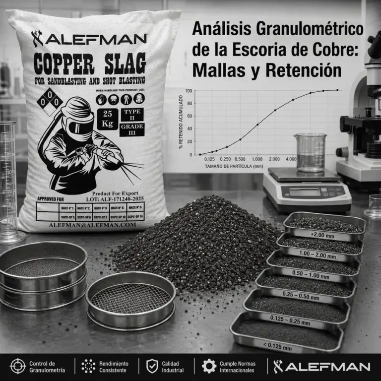 Análisis granulométrico de escoria de cobre Alefman con saco, mallas, retención y muestras de partículas