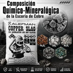Composición químico-mineralógica de escoria de cobre Alefman con saco de 25 kg y minerales Fe2O3, SiO2 y Al2O3