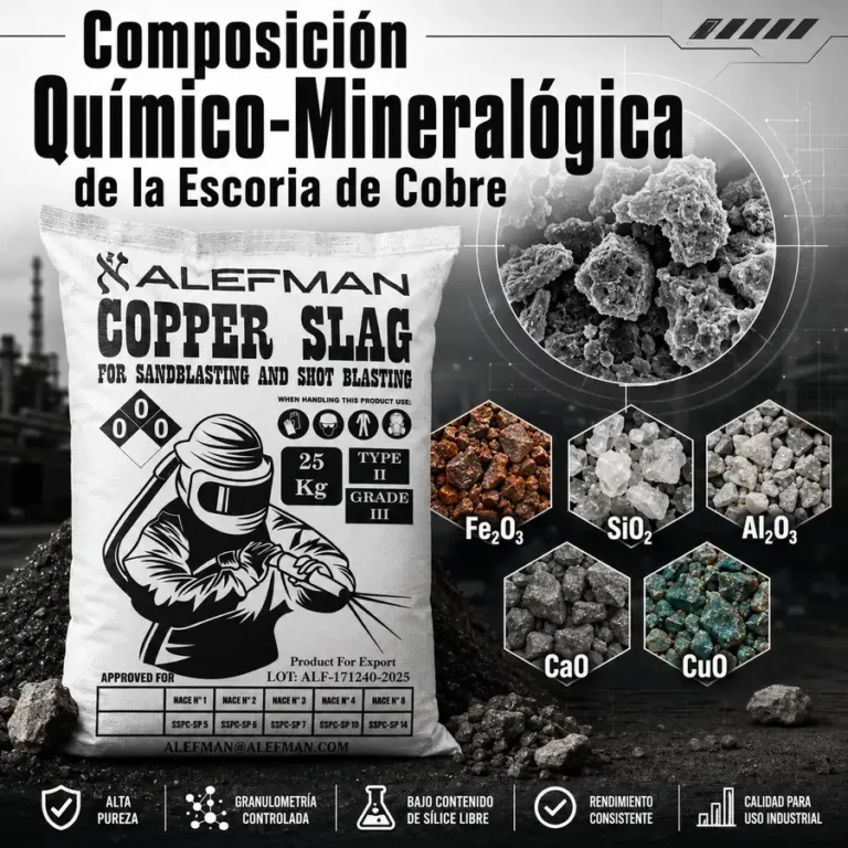 Composición químico-mineralógica de escoria de cobre Alefman con saco de 25 kg y minerales Fe2O3, SiO2 y Al2O3