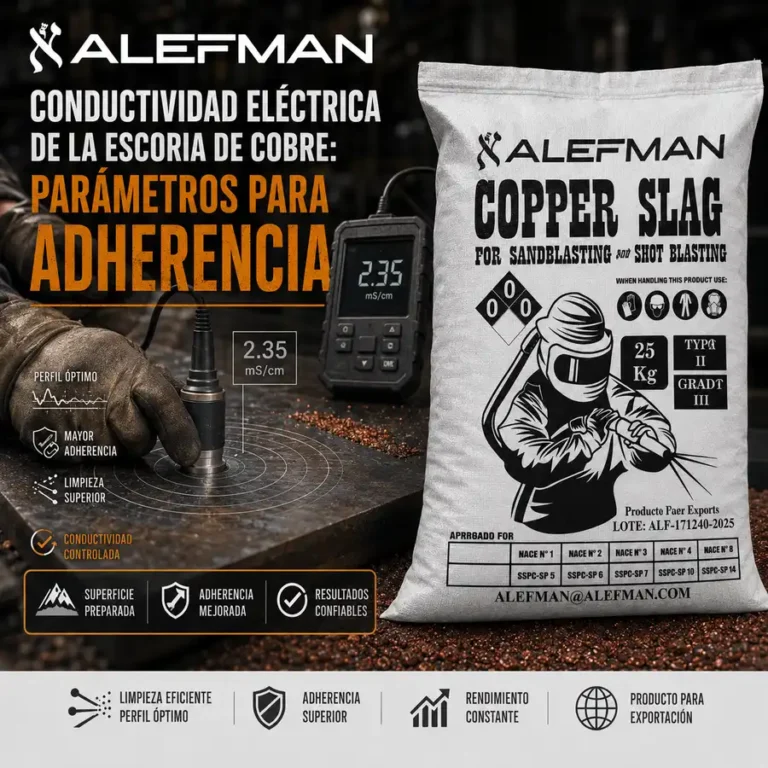 Conductividad eléctrica de la escoria de cobre Alefman con medidor 2.35 mS/cm y saco para arenado