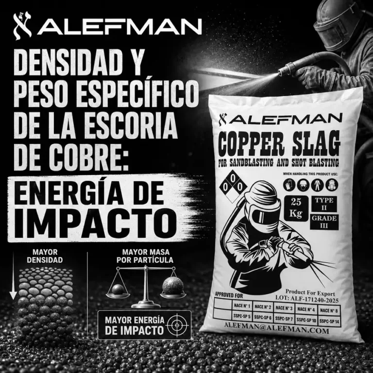 Saco Alefman de escoria de cobre para arenado con datos de densidad, peso específico y energía de impacto