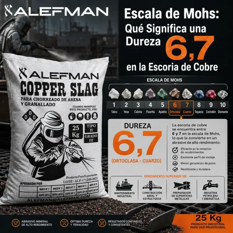 Escala de Mohs con dureza 6,7 en escoria de cobre Alefman, saco de 25 kg y operador de arenado