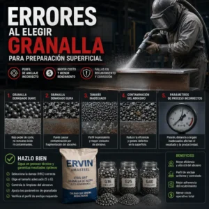 Infografía industrial sobre errores al elegir granalla para preparación superficial y perfil de anclaje.