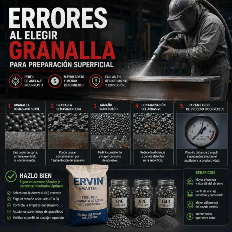 Infografía industrial sobre errores al elegir granalla para preparación superficial y perfil de anclaje.