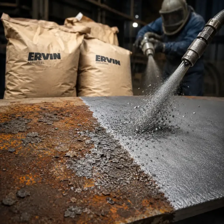 Granallado sobre placa metálica con óxido y cascarilla dura usando abrasivo de acero.