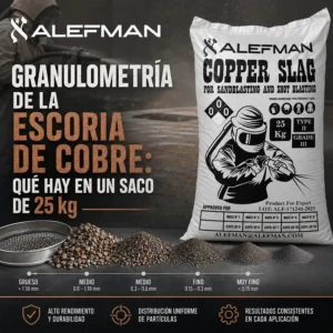Granulometría de escoria de cobre Alefman con saco de 25 kg y muestras de partículas para arenado