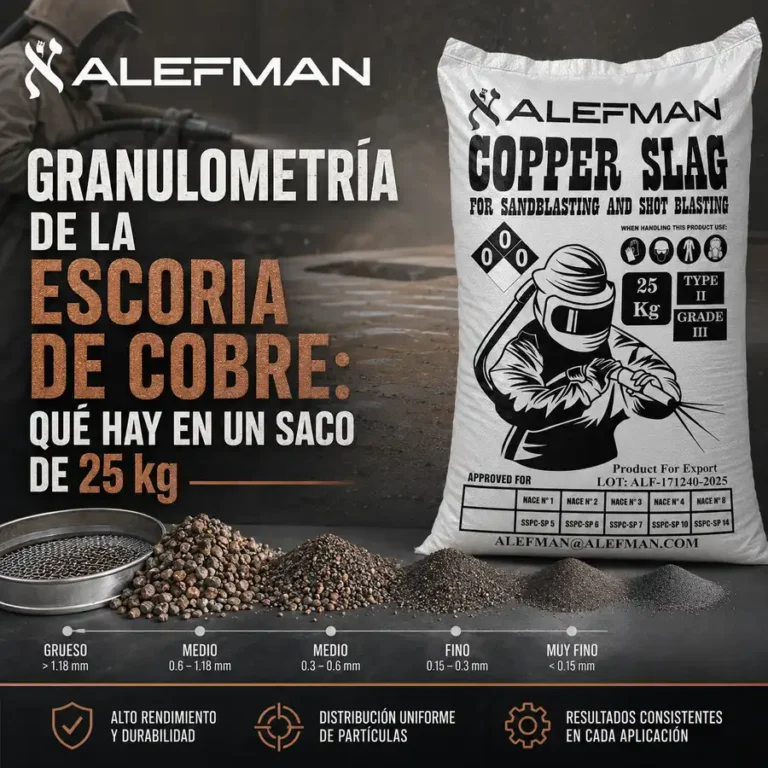 Granulometría de escoria de cobre Alefman con saco de 25 kg y muestras de partículas para arenado