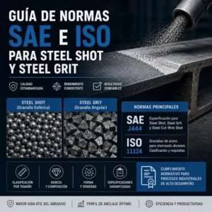Infografía técnica sobre normas SAE e ISO para steel shot, steel grit y granallado industrial.