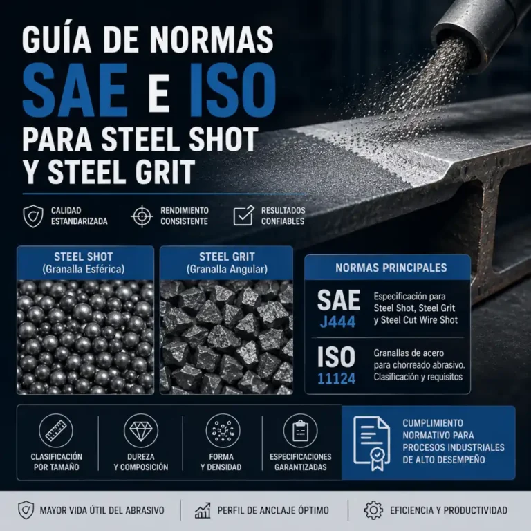 Infografía técnica sobre normas SAE e ISO para steel shot, steel grit y granallado industrial.