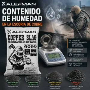 Contenido de humedad en escoria de cobre Alefman con medidor, muestras y operador de arenado industrial