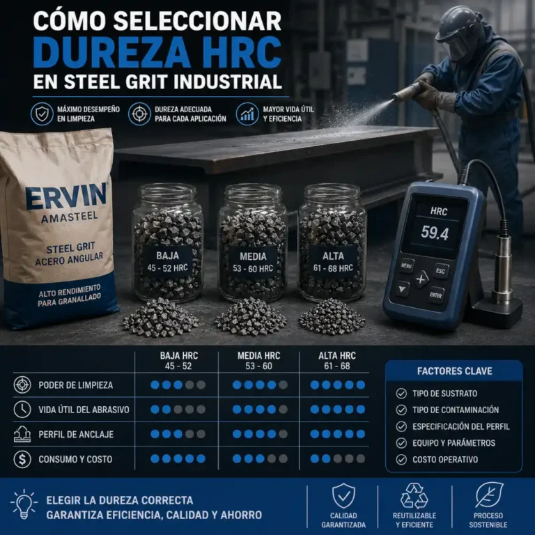 Técnico granalla una viga metálica junto a muestras de steel grit y medidor de dureza HRC.